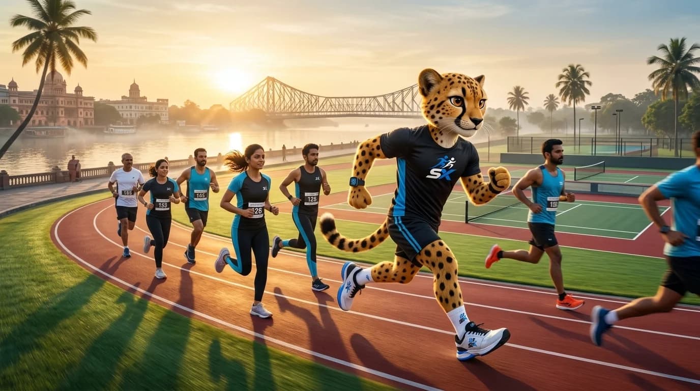 Tez the Cheetah Mascot leading StrideXP runners at a community sunrise run